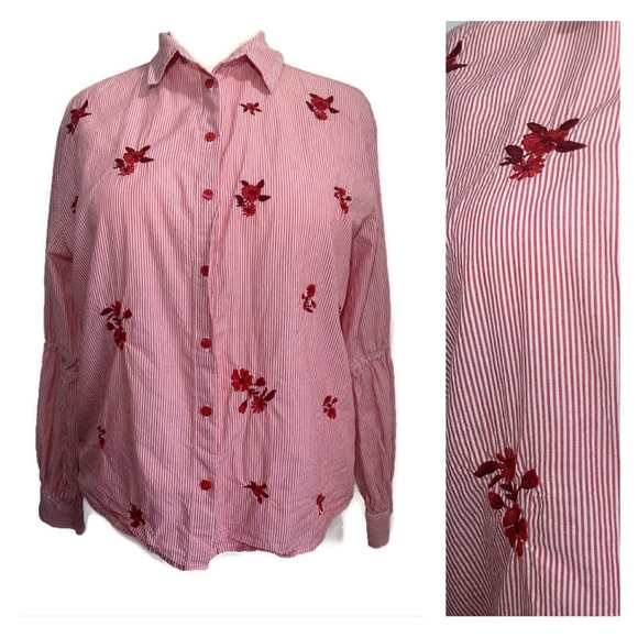 Primark Tops - Primark Western Stripe Shirt Red & White Long Sleeve Button-Down Embroidery UK14